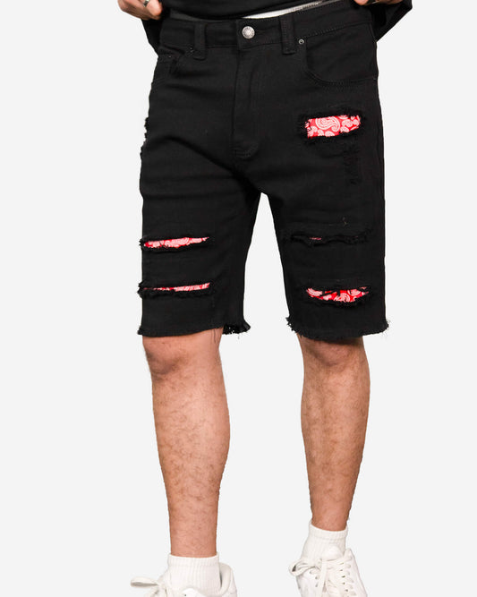 Gracias Dios Black Ripped Red Bandana Shorts