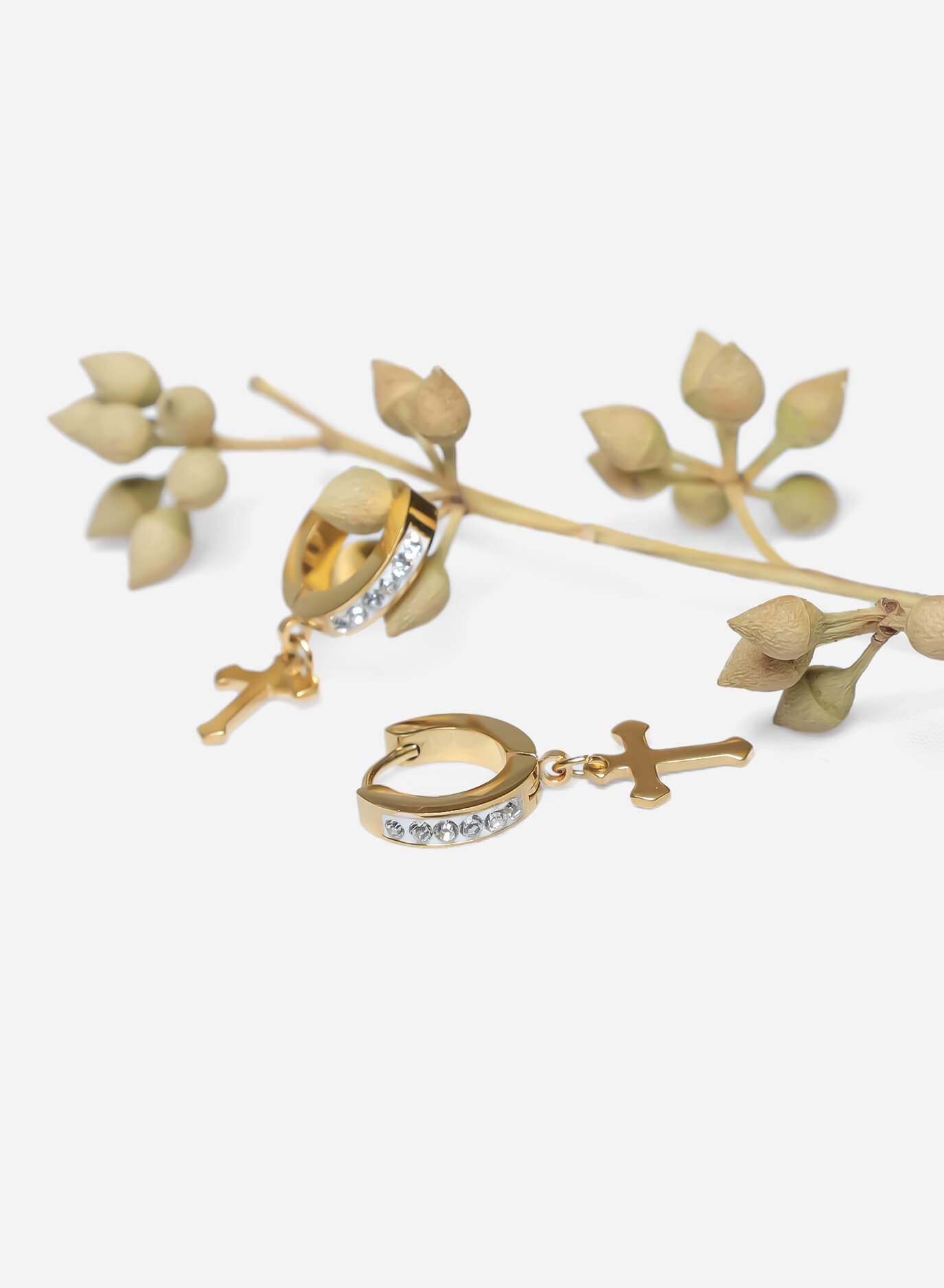 GD White Icy Hoop Cross Earrings
