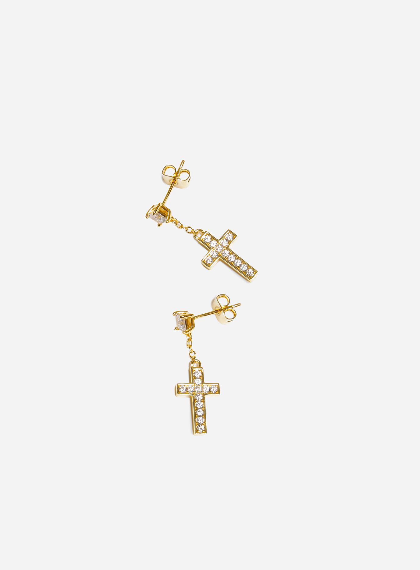 Iced Cross Dangle Stud Earrings