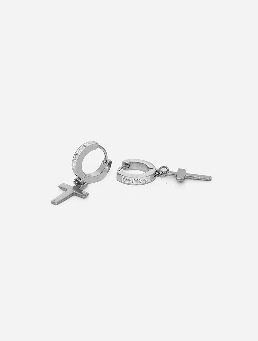 Gracias Dios Classic Cross White Icy Hoop Earring - Challenger Streetwear