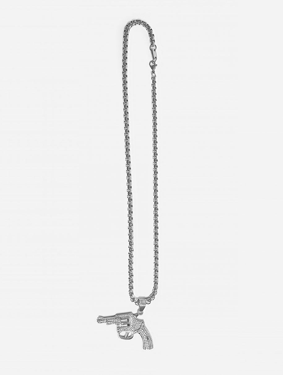 Gracias Dios Crystal Hand Gun Necklace Pendant with Chain - Challenger Streetwear