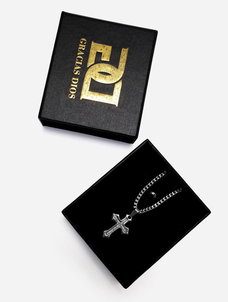 Gracias Dios GD Silver Two Tone Diamante Cross Pendant - Challenger Streetwear